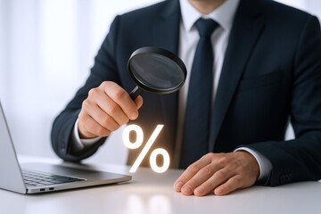 Businessman analyzing interest rates with magnifying glass for financial investment decisions and strategic market insights