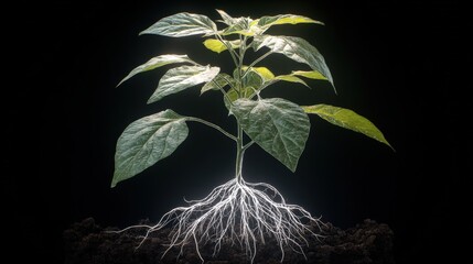 Plant seedling exhibiting root structure, showcasing growth, health, and vitality against a dark backdrop, symbolising nature's resilience
