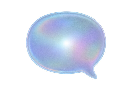 Holographic speech bubble with iridescent pastel colors conveying modern communication and chat on transparent background