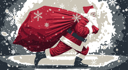 Santa Claus Running with Gift Sack in a Snowy Winter Landscape