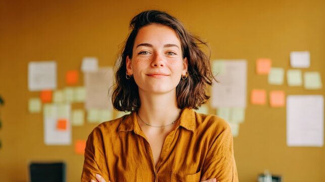 Confident Young Woman Smiling in Creative Office Environment With Sticky Notes On Wall