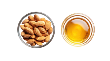 Bowl of almonds and bowl of almond oil isolated on transparent background