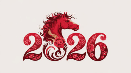 An illustration dedicated to the year 2026 of the Horse. Above the numbers is a horse's head with smooth mane lines that convey movement and grace.