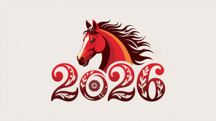 An illustration dedicated to the year 2026 of the Horse. Above the numbers is a horse's head with smooth mane lines that convey movement and grace.