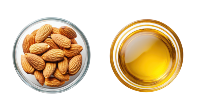 Almonds and almond oil in oval containers isolated on transparent background