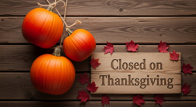 Three orange pumpkins and red leaf around wooden sign with carved text "Closed on Thanksgiving", representing holiday, autumn season, rustic style