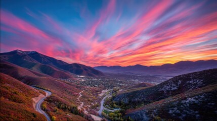 Fototapeta premium Breathtaking Sunset Over Majestic Mountains Reflecting Vivid Colors in the Sky Above Scenic Valley in Autumn Season with Winding Road Below