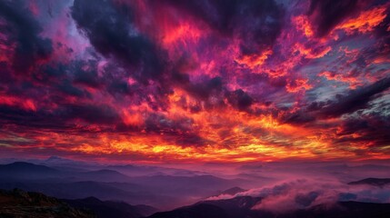 Fototapeta premium Breathtaking Sunset Over Mountain Range Illuminates Vibrant Sky with Striking Colors, Dramatic Clouds, and Serene Horizon, Capturing Nature's Majesty at Dusk