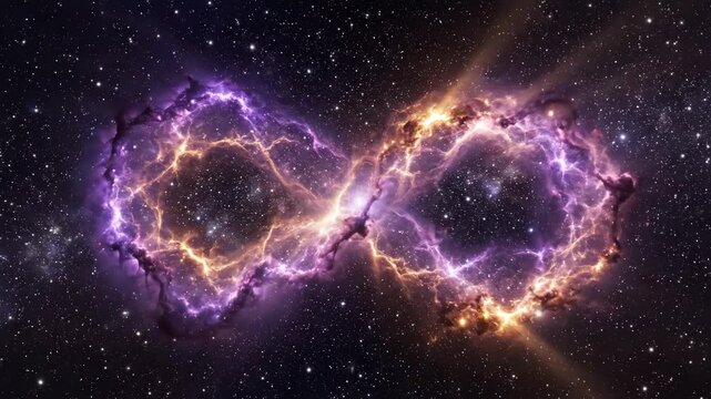 Stunning Cosmic Infinity Loop Animation with Nebulous Clouds and Sparkling Celestial Background