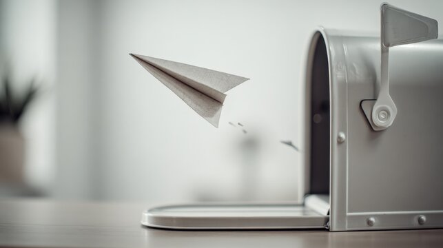 Paper Airplane Flying From Mailbox: Communication, Ideas, and New Beginnings Concept in Neutral Tones - Powered by Adobe