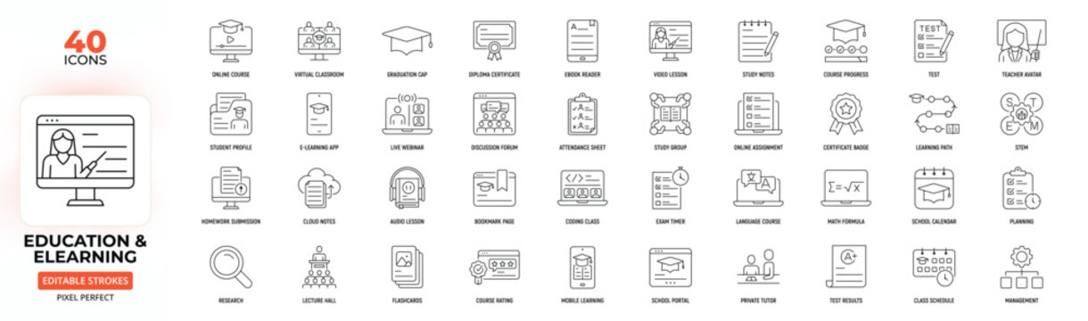 Education & eLearning Line Icon Set &ndash; Online Courses, Study Tools, Virtual Classrooms, and Academic Management, Editable Stroke.
