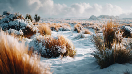 Snow covered grass field with cloudy sky and distant mountains in winter landscape