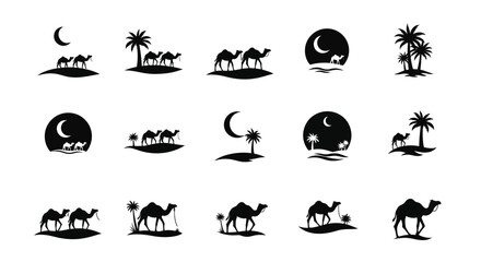 Desert scenes with camels and palm trees under a crescent moon