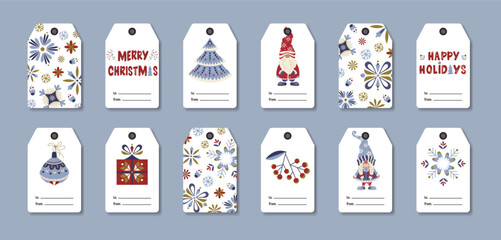 Vector set of Christmas gift tags in Nordic folk style with gnomes, ornaments, tree and present. Cozy winter collection with decorative lettering for holiday packaging, greeting cards, festive decor