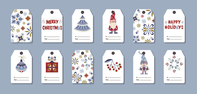 Vector set of Christmas gift tags in Nordic folk style with gnomes, ornaments, tree and present. Cozy winter collection with decorative lettering for holiday packaging, greeting cards, festive decor