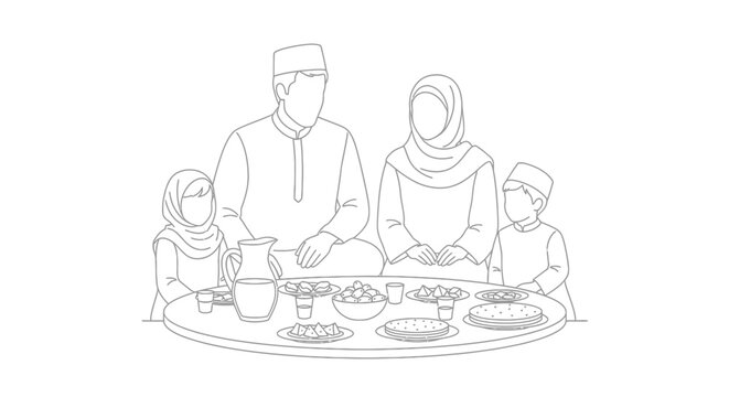 family dining together, line art, monochrome clip art preview