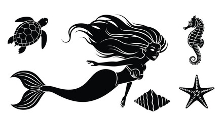 Black and white illustration of a mermaid with sea creatures around her © Hasina