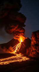 A volcanic eruption with flowing lava at night, showing nature's raw power and geothermal activity, representing danger, geological process and transformation