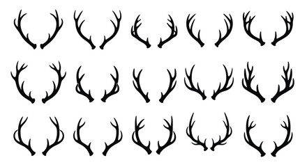 A collection of various black and white deer antlers in a grid pattern
