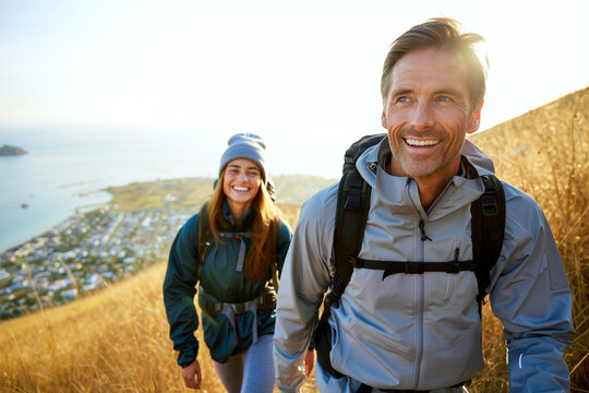 Two hikers ascend a hillside trail, enjoying the golden hour. They wear jackets and smiles, with a stunning ocean view below them. Generative AI.