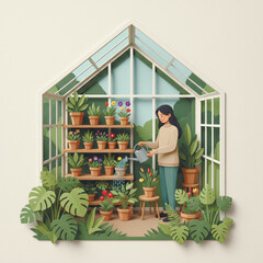  paper cut style vector of woman caring for potted plants in greenhouse surrounded by lush leaves. Concept of gardening, care, and eco lifestyle. Vector illustration