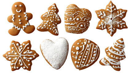 Assorted gingerbread cookies with icing and sugar decorations isolated on white background