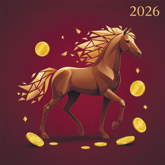  vector of stylized golden horse with coins and geometric mane. Symbol of wealth, strength, and success for the 2026 Year of the Horse. Vector illustration