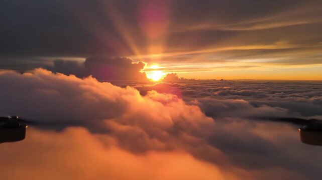 Stunning Drone Footage Captures Sunset Over Clouds with Aircraft Silhouette and Sunrays Beaming