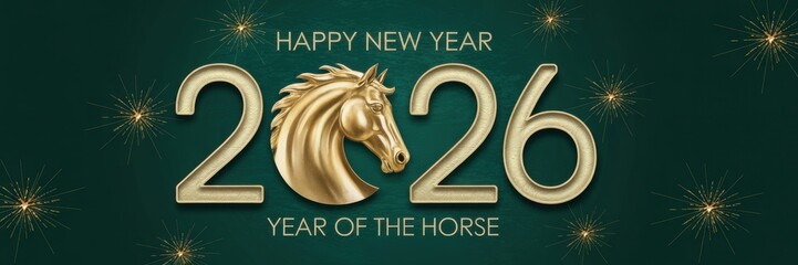 New Year's greetings banner for 2026. A green banner with the image of a horse.
