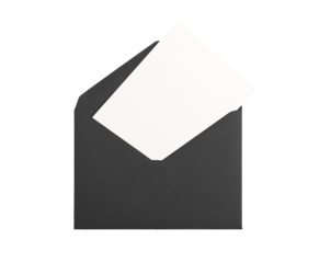 Open paper card. Black envelope with blank white letter peeking out, elegant stationery mockup for