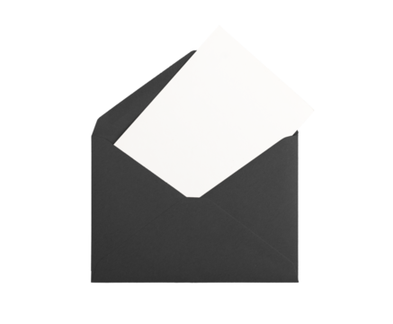 Open paper card. Black envelope with blank white letter peeking out, elegant stationery mockup for