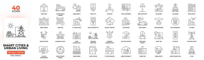 Smart Cities & Urban Living Line Icon Set – Mobility, Sustainability, Infrastructure, Innovation, Editable Stroke. © Chan Vectors