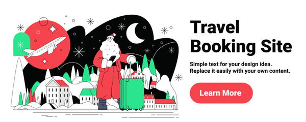 Fototapeta premium Santa travel booking site Christmas airplane winter landscape suitcase night sky holiday village banner template