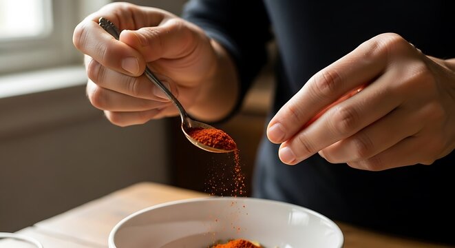 Adding spice powder to bowl in kitchen for cooking delicious meal