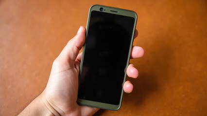 Person holds smartphone with blank screen, showcasing modern design and green case. background features wooden surface, adding warmth to image