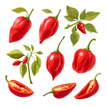 An EPS format illustration, vector, simple flat 2D icon, minimalist design, icon set, A Simple 2D Vibrant Ghost Pepper Collection illustration isolated on a white background