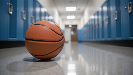 Basketball rests on polished floor in school hallway, surrounded by blue lockers, creating vibrant and energetic atmosphere