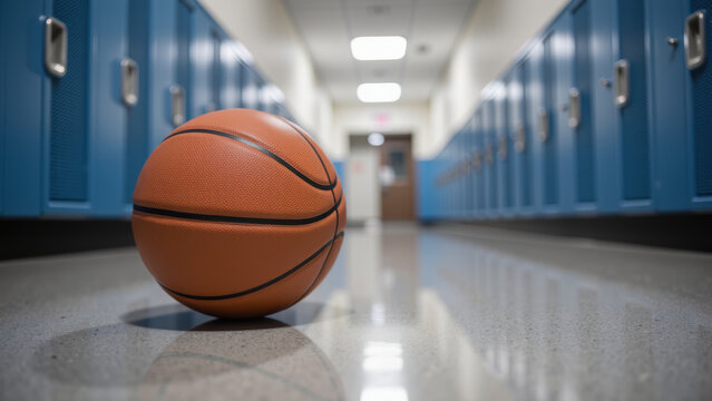 Basketball rests on polished floor in school hallway, surrounded by blue lockers, creating vibrant and energetic atmosphere