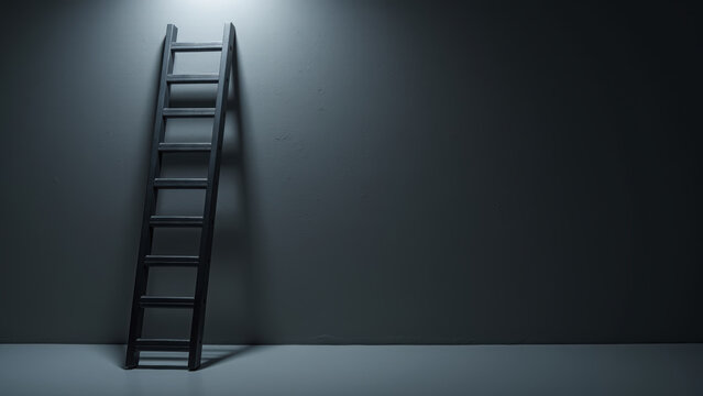 Tall, black ladder stands against dark wall, illuminated by single overhead light, creating dramatic and moody atmosphere