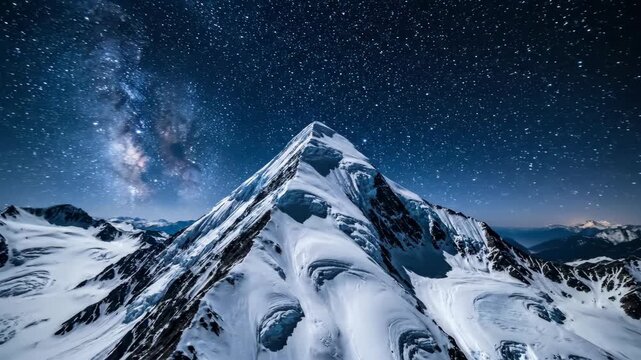 Stunning Night Sky Over Snowy Mountain Peaks with Milky Way Galaxy Panorama