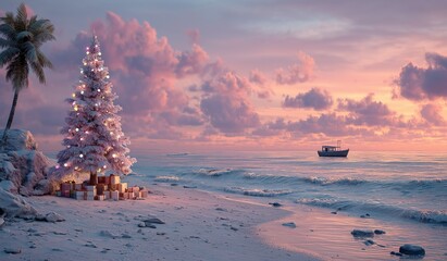 Beach Christmas Tree with Gift Boxes and Palm Tree at Sunset