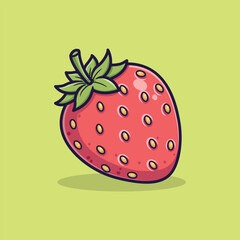 Cute Strawberry with Green Leaves and Yellow Seeds Playful Cartoon Style Vector Illustration