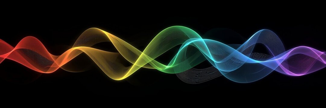 Vibrant rainbow colored sound wave visualization with glowing particles against a dark black background creating a futuristic abstract digital art - Powered by Adobe