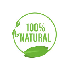 100 percent Natural Label. Green leaf icon. Organic Natural Product. Eco Friendly. Vector illustration