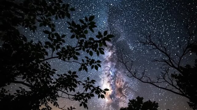Stunning Night Sky with Milky Way and Silhouette of Trees, Beautiful Landscape Panorama