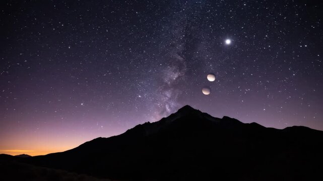 Stunning Nightscape: Celestial Bodies Aligning Above Majestic Mountain Silhouette