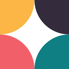 Abstract Geometric Star Shape Formed By Four Colorful Curved Quadrants Yellow Pink Teal Dark Purple With White Center Against White Background Minimalist Modern Design