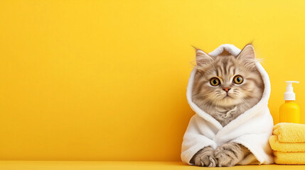 Adorable fluffy cat in white bathrobe with towels and soap dispenser on vibrant yellow background with empty space