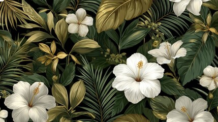 Lush white tropical flowers and deep green foliage create a dark botanical pattern