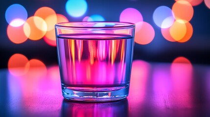 Vibrant glass of clear liquid with colorful bokeh lights in background. Bright party, bar, nightclub theme